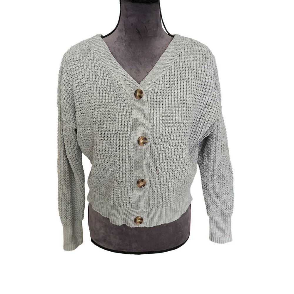 Moon & Madison Light Sage Green V-Neck Button-Up Knit Sweater Womens Size L